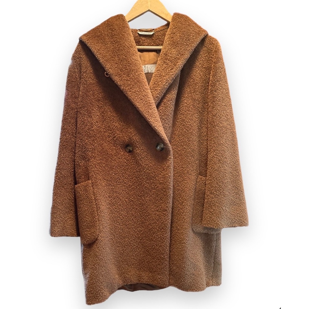 Max Mara Vintage Alpaca Virgin Wool Teddy Hooded Coat Made in Italy Brown Size 4